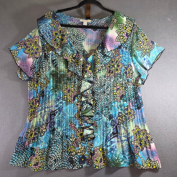 dressbarn Tops - Dressbarn Woman Blue Floral Stained Glass Print Plissé Ruffle Blouse 1X
